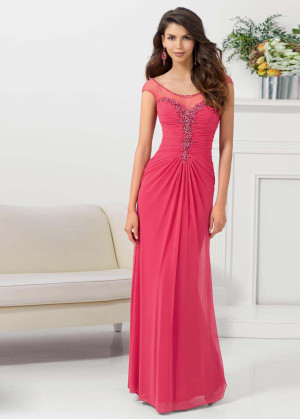 Chiffon Beaded Scoop Neckline V Back Long Prom Dress 